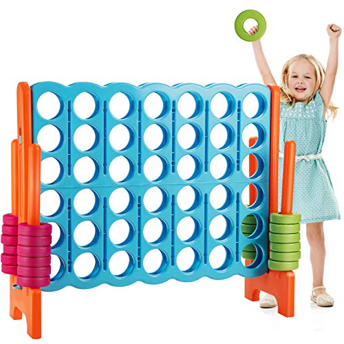 Costzon Giant 4-in-A-Row, Jumbo 4-to-Score Giant Game Set for Kids & Adults, Indoor Outdoor Yard Connect Game, 3.5FT Tall with 42 Jumbo Rings & Quick-Release Slider, Perfect for Family & Party Games - color: Baby Blue/Orange