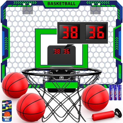 Indoor Basketball Hoop for Kids, Over The Door Mini Basketball Hoop with Scoring & Countdown, Remote Control, 3 Balls & Sound Effects, Birthday & Christmas Toys Gifts for 4-12 Year Old Girls Boys