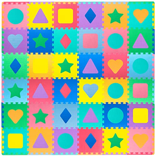 ProSource Kids Foam Puzzle Floor Play Mat with Shapes & Colors 36 Tiles, 12"x12" and 24 Borders - style: Shapes & Colors