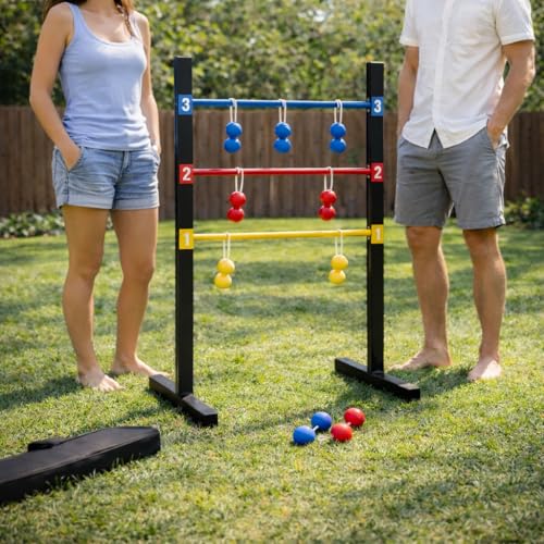 Pro Ladder Toss Indoor Outdoor Game Set for Yard & Lawn Games with 6 Soft Rubber Bolo Balls Heavy Duty Bars Stands & Travel Carrying Case | Game for Family Kids Beach Party Picnic & Adults - style: Ladder Toss Game
