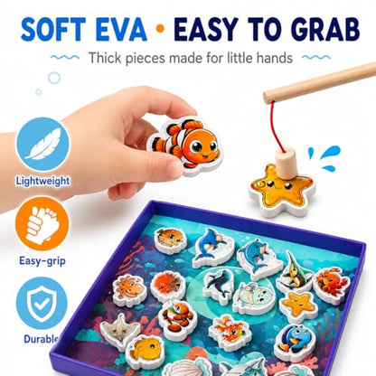 TRAVOFUN Magnetic Fishing Game Book for Kids Ages 3-8, Travel Toys for Toddlers 3-5, Road Trip and Airplane Activities, Quiet Portable Car Ride Toy with 2 Poles and 27 Ocean Fish - color: Fishing Game
