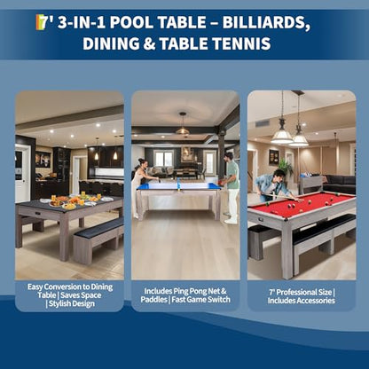 7FT 3-in-1 Pool Table - Convertible Billiard, Dining Table & Ping Pong | Includes Rolling Storage Cart, Cue Sticks, Balls, Table Tennis Set | Space-Saving Game Table for Home & Game Rooms - color: Red