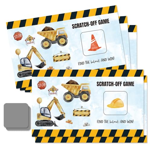 50 Pcs Construction Theme Scratch Off Game Card for Birthday Party | Funny Excavator Dump Truck Scratch Cards for Baby Shower, Construction Birthday Party Supplies, Lottery Group Games Activity - color: Blue & Yellow