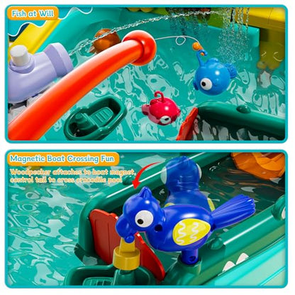 4-in-1 Kids Play Sink with Running Water, Mini Water Table with Detachable Legs, Upgraded Faucet and Dishes, Children Electric Dishwasher Toy, Kitchen Sensory Set (Blue)