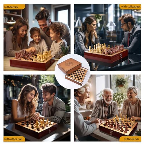 AMEROUS 17 inches Wooden Chess Set with High Polymer Weighted Chess Pieces / 2 Built-in Storage Drawers / 2 Extra Queens / 3.75'' King, Classic Board Game