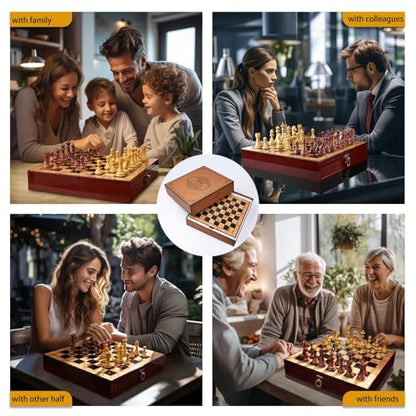 AMEROUS 17 inches Wooden Chess Set with High Polymer Weighted Chess Pieces / 2 Built-in Storage Drawers / 2 Extra Queens / 3.75'' King, Classic Board Game