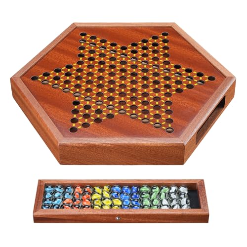 14.2" Wooden Chinese Checkers Board Game with Storage Drawer | 6-Player Marble Strategy Game | Classic Family Board Game for Kids & Adults | 16mm 60+12 Colorful Glass Marbles, More Easy Grasping