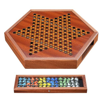 14.2" Wooden Chinese Checkers Board Game with Storage Drawer | 6-Player Marble Strategy Game | Classic Family Board Game for Kids & Adults | 16mm 60+12 Colorful Glass Marbles, More Easy Grasping
