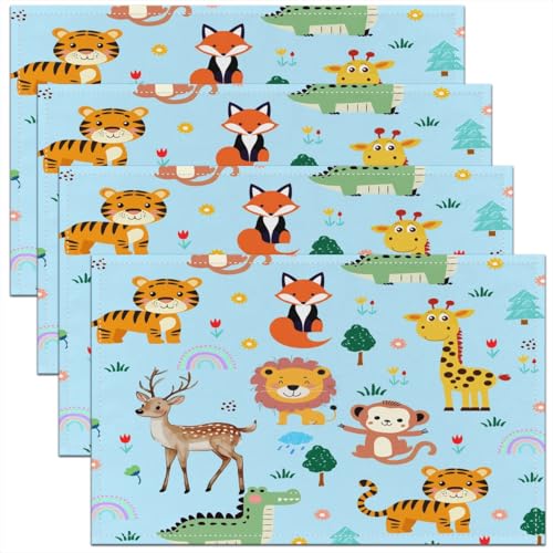 Erosebridal Animals Placemats 12X18 Inch Set of 4,Cartoon Cute Wildlife Tiger Monkey Deer Giraffe Fox Place Mats for Children Kids,Colorful Flowers Floral Tree Grass Rainbow Waterproof Placemats - color: Blue Orange Brown Green