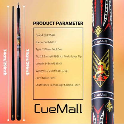 CueMall 58" 2-Piece Billiard Pool Cue Sticks,12.5mm Fiberglass Graphite Composite Billiard Cue Sticks,19oz Pool Sticks Tacos de billar for Adults Men/Women, House or Commercial/Bar Use - color: CueMall-F