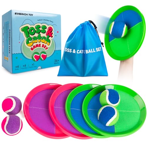 Upgraded Toss and Catch Ball Game Set, Beach Pool Toys Outdoor Games for Kids Toys, Outside Family Lawn Yard Games, for Boys Girls 3 4 5 6 7 8 9 10 11 12 Years Old - color: Green Blue+ Pink Purple, size: 4 Paddles 4 Balls