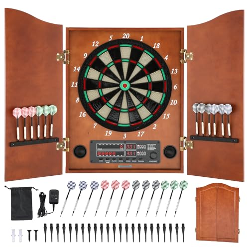 Electronic Dartboard Cabinet Set for Adult Soft Tip Dart Boards with Cabinet, Up to 8 Players, 25 Games with 12 Soft Tip Dartboard Set for Home Family Game