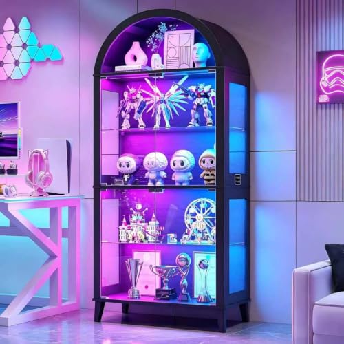Lvifur 5-Tier Arched Glass Display Cabinet with RGB Lights for Living Room | For collectibles, figurines, books,Curio Cabinets with Human motion sensor,Arched Bookcase for home office ,Gift,Black - color: Black-rgb