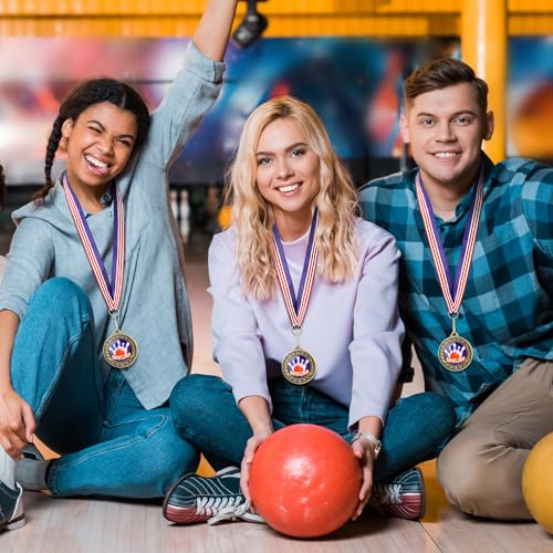 Realspring 8 Pcs Bowling Award Medals with Stars and Stripes 2 Inches Bowling Ball Medal with American Flag Neck Ribbon for Adults Tournament