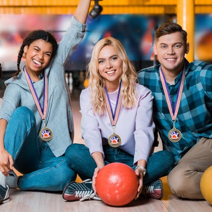 Realspring 8 Pcs Bowling Award Medals with Stars and Stripes 2 Inches Bowling Ball Medal with American Flag Neck Ribbon for Adults Tournament