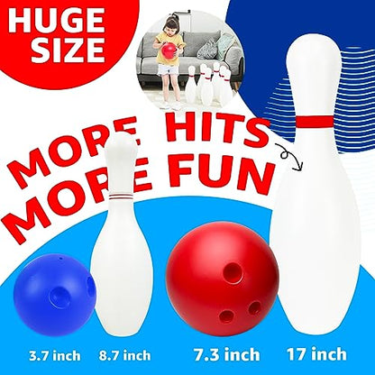 Grip Kids Jumbo Family Fun Bundle – 17-inch Giant Bowling Set with 6 Pins & 2 Balls + Jumbo Checkers Board Game, Indoor & Outdoor Toys for Kids & Toddlers, Backyard Party Games, Travel-Friendly