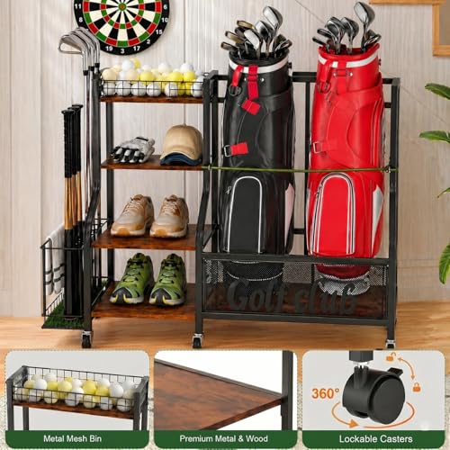 HavenlyYouth Golf Bag Storage Organizer for Garage – Fits 2 Bags, 360° Swivel Wheels, Wood Shelves, Anti-Tip Straps