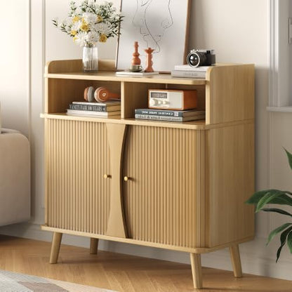 Decofy 39" Buffet Sideboard Cabinet, Mid Century Modern Console Cabinet with Roller Shutter Sliding Doors & Adjustable Shelves for Kitchen Cabinets, Living Room, Entryway, Coffee Bar Cabinet (Oak) - color: Oak
