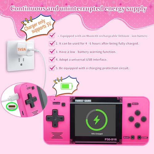 Handheld Game for Kids -Preloaded 220 Retro Video Games, Portable Gaming Player with Rechargeable Battery 3.0" LCD Screen, Mini Arcade Electronic Toy Gifts for Boys Girls (Red) - style: Pink