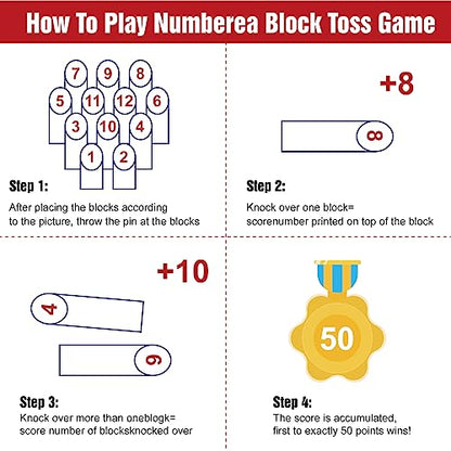 Wooden Throwing Game Set, 12 Numbered Block Tossing Game with Wooden Box, Outdoor Backyard Game for Kids Adults Family, Floor Games for Lawn Beach Park