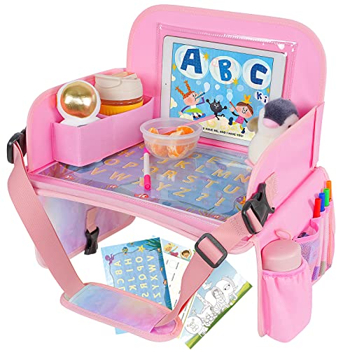 MENZOKE Kids Travel Tray, Car Seat Table Tray, Road Trip Essentials with Educational Drawing Board, Tablet Holder & Cooler Cup Holder, Travel Table for Kids Gifts in Car, Airplane, Multicoloured - color: Magic Pink