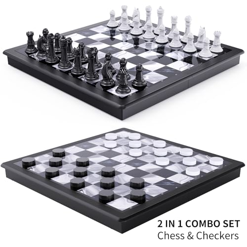 2-in-1 Chess Set and Magnetic Checkers Set - Foldable 13-inch Travel Board Game, Durable Plastic, Puzzle and Strategy Toys for Kids and Adults - color: Black and White