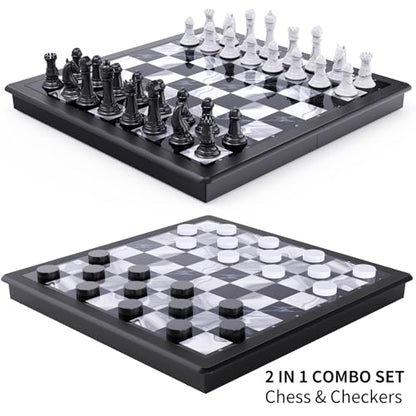 2-in-1 Chess Set and Magnetic Checkers Set - Foldable 13-inch Travel Board Game, Durable Plastic, Puzzle and Strategy Toys for Kids and Adults - color: Black and White