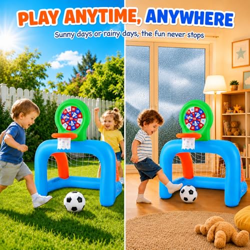Toddler Soccer Goal & Basketball Hoop Set for Ages 2-4, 3-in-1 Inflatable Kids Sports Center with Sticky Ball Target, Indoor Outdoor Soccer Net Birthday Gift for Boys Girls