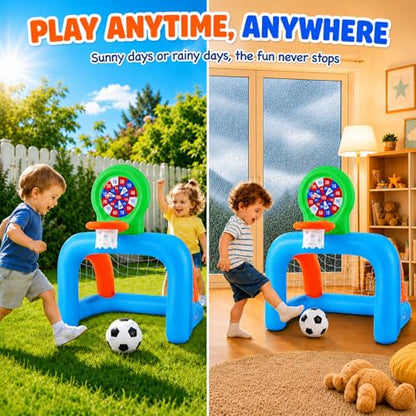 Toddler Soccer Goal & Basketball Hoop Set for Ages 2-4, 3-in-1 Inflatable Kids Sports Center with Sticky Ball Target, Indoor Outdoor Soccer Net Birthday Gift for Boys Girls