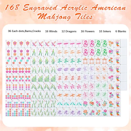 Soulchen 1.2 Inch Orange American Mahjong Set 168 Blossom Numbered Tiles, Tiles Bag and Portable Travel Case Classic Complete Mahjong Set for Adult Collection Gift