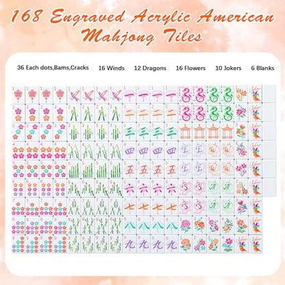 Soulchen 1.2 Inch Orange American Mahjong Set 168 Blossom Numbered Tiles, Tiles Bag and Portable Travel Case Classic Complete Mahjong Set for Adult Collection Gift