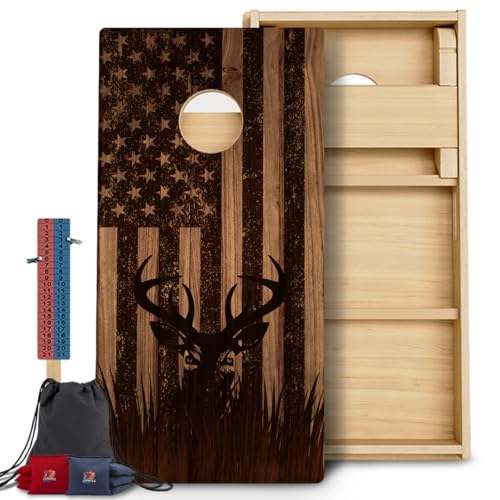 CornholeGamesUSA Pro Cornhole Boards Set | Made in USA | 3/4 Baltic Birch | No Bounce | Triple Thick Legs | Two Brace & Handles, Tournament 2x4 Regulation Set with Score Tower & Cornhole Bags - color: Deer Engraved Wood