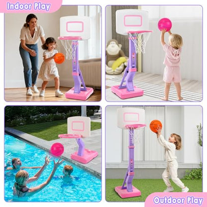 Toddler Basketball Hoop Indoor Outdoor - Height Adjustable 27.6-54 Inches (5 Slots), Kids Basketball Hoop with 4 Inflatable Balls & Pump, Safe Toddler Toys for 1-6 Year Old Boys Girls - color: pink