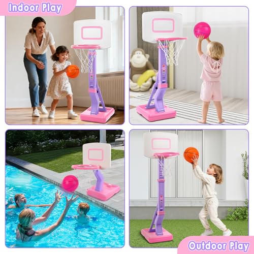 Toddler Basketball Hoop Indoor Outdoor - Height Adjustable 27.6-54 Inches (5 Slots), Kids Basketball Hoop with 4 Inflatable Balls & Pump, Safe Toddler Toys for 1-6 Year Old Boys Girls - color: pink