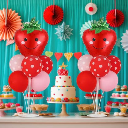 Strawberry Party Balloons Stand Kit 2 Sets with 2 Strawberries Foil Balloons Sweet Strawberry 1st Party Balloon Centerpieces for Tables for Girls Strawberries Birthday Themed Decorations - style: Strawberry