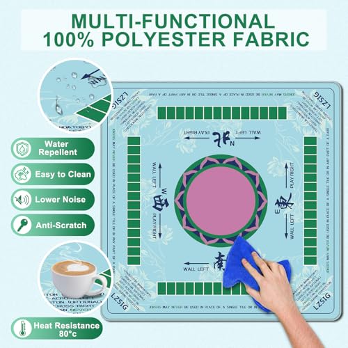 Traditional Chinoiserie Mahjong Mat for Table with Rules, 33×33", Turquoise | Anti-Slip, Waterproof, Noise-Reducing Table Cover for American Mahjong, Poker, Board Games , Dominoes, and Card Games - color: Cyan