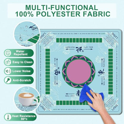 Traditional Chinoiserie Mahjong Mat for Table with Rules, 33×33", Turquoise | Anti-Slip, Waterproof, Noise-Reducing Table Cover for American Mahjong, Poker, Board Games , Dominoes, and Card Games - color: Cyan