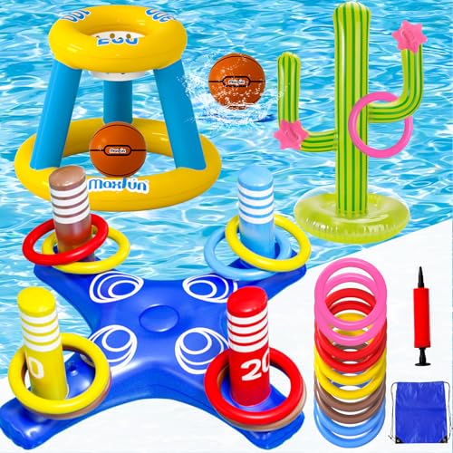 Max Fun Pool Toys Games Set, Inflatable Cross Ring Toss Games, Floating Pool Basketball Hoop, Inflatable Cactus Pool Floats for Kids Teens Adults Swimming Water Toys (3-Piece Set)