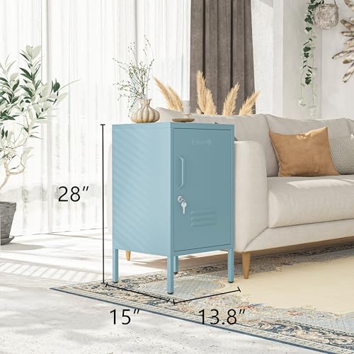 Single Door Lockable Metal End Table & Children's Bedside Table, 2-Tier Storage Cabinet with Adjustable Shelf, Easy Assembly Side Table for Living Room Bedroom Home Office Blue - color: Ocean, style: End Table-28"H-GL
