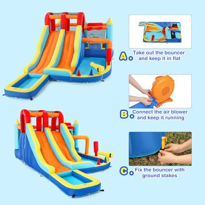 JOYLDIAS Inflatable Water Slide Park, Giant Bounce House with 450W Blower, Climbing Wall, Dual Basketball Hoops & Ring Toss Games - Outdoor Backyard Jumper for Kids Ages 3+ - color: 9 in 1