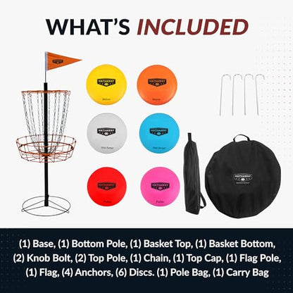 Hathaway 6-Player Disc Golf Set for Family – Frisbee Golf Basket with Weighted Discs, Sturdy Pole & Base, Chains, Anchors, Flag, Carry Bag – Complete Frisbee Golf Discs Set