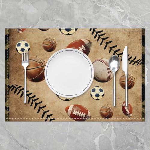 Erosebridal Set of 4 Balls Placemats 12X18 Inch,Retro Sports Theme Place Mats for Boys Youth Teens Children,Football Basketball Baseball Game Gaming Leaves Waterproof Placemats for Kitchen Table - color: Black White Brown