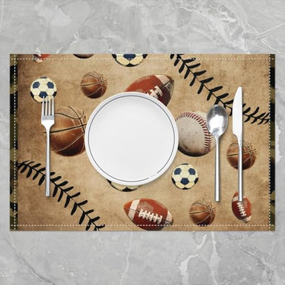 Erosebridal Set of 4 Balls Placemats 12X18 Inch,Retro Sports Theme Place Mats for Boys Youth Teens Children,Football Basketball Baseball Game Gaming Leaves Waterproof Placemats for Kitchen Table - color: Black White Brown