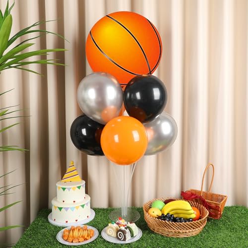 Basketball Party Balloons Stand Kit - 2 Sets With 2 Basketball Ball Foil Balloons - Basketball Themed Party Balloon Centerpiece for Tables - Game Sports Birthday Party Decorations - style: Basketball