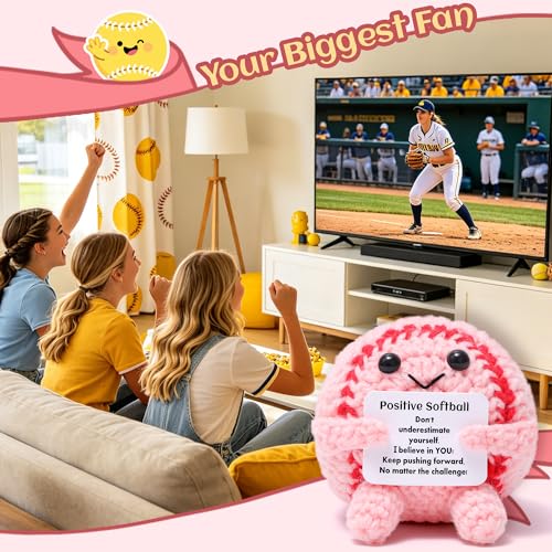 Mini Funny Positive Pink Softball Gifts for Girls, Knitted Wool Softball Crochet Toy with Positive Card, Cute Emotional Support Cheer Up Keepsake Gift for Kids Girls Women Friends Sister College - style: Softball