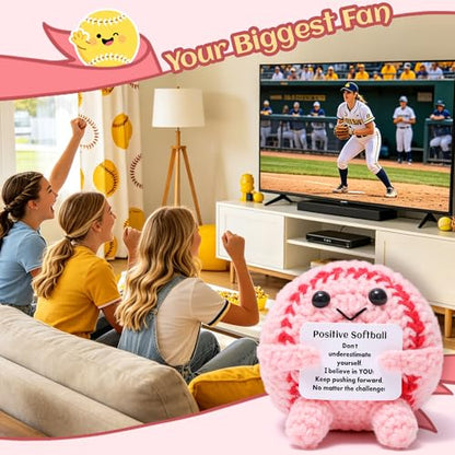 Mini Funny Positive Pink Softball Gifts for Girls, Knitted Wool Softball Crochet Toy with Positive Card, Cute Emotional Support Cheer Up Keepsake Gift for Kids Girls Women Friends Sister College - style: Softball