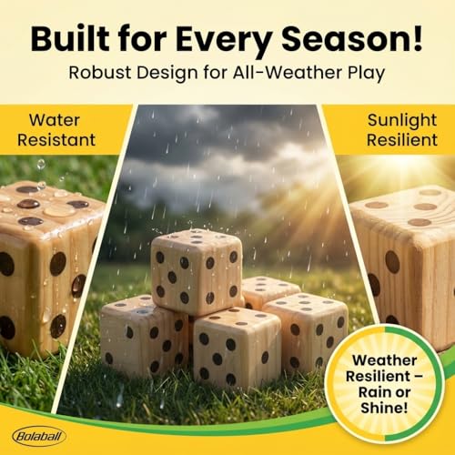 Bolaball 3.5" Giant Wooden Yard Dice Set – Durable Outdoor Fun Kit Includes 6 Large Dice with Sturdy Carry Bag for Parties, Beach, Lawn Games, and Easy Storage; Superior Crafted Hardwood Design