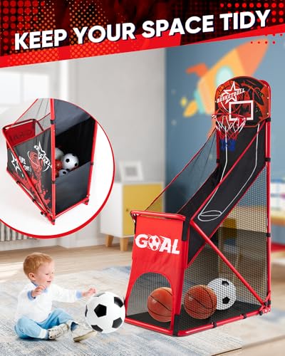 Foldable Basketball Arcade Game for Kids: 2 in 1 Basketball Hoop and Soccer Goal Set with Sturdy Metal Frame - Portable Indoor Outdoor Sports Toys for Boys Girls Ages 3-8