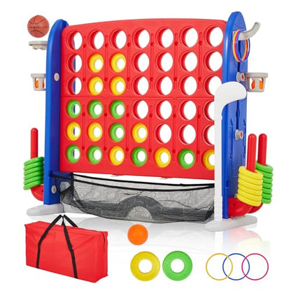 Adjustable Height Giant 4-to-Score Game, 4-in-1 Jumbo Connect Four with Basketball Ring Toss Golf, Quick Release Design, Indoor Outdoor Family Yard Game, Red