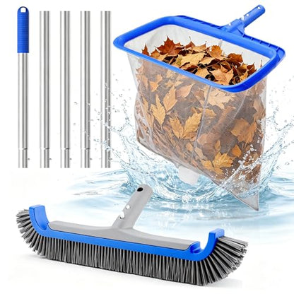 Consciot 3-in-1 Pool Cleaning Kit Includes Leaf Rake Net, Wall Brush & Pole | Daily swimming pool maintenance set; For aboveground & in-ground Pool, SPA, pond, fountain; Easy to store; Durable frame - size: 3PCS